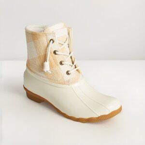 Sperry Women’s Cream & Tan Saltwater Buffalo Check Duck Rain Boots Shoes Sz 7.5